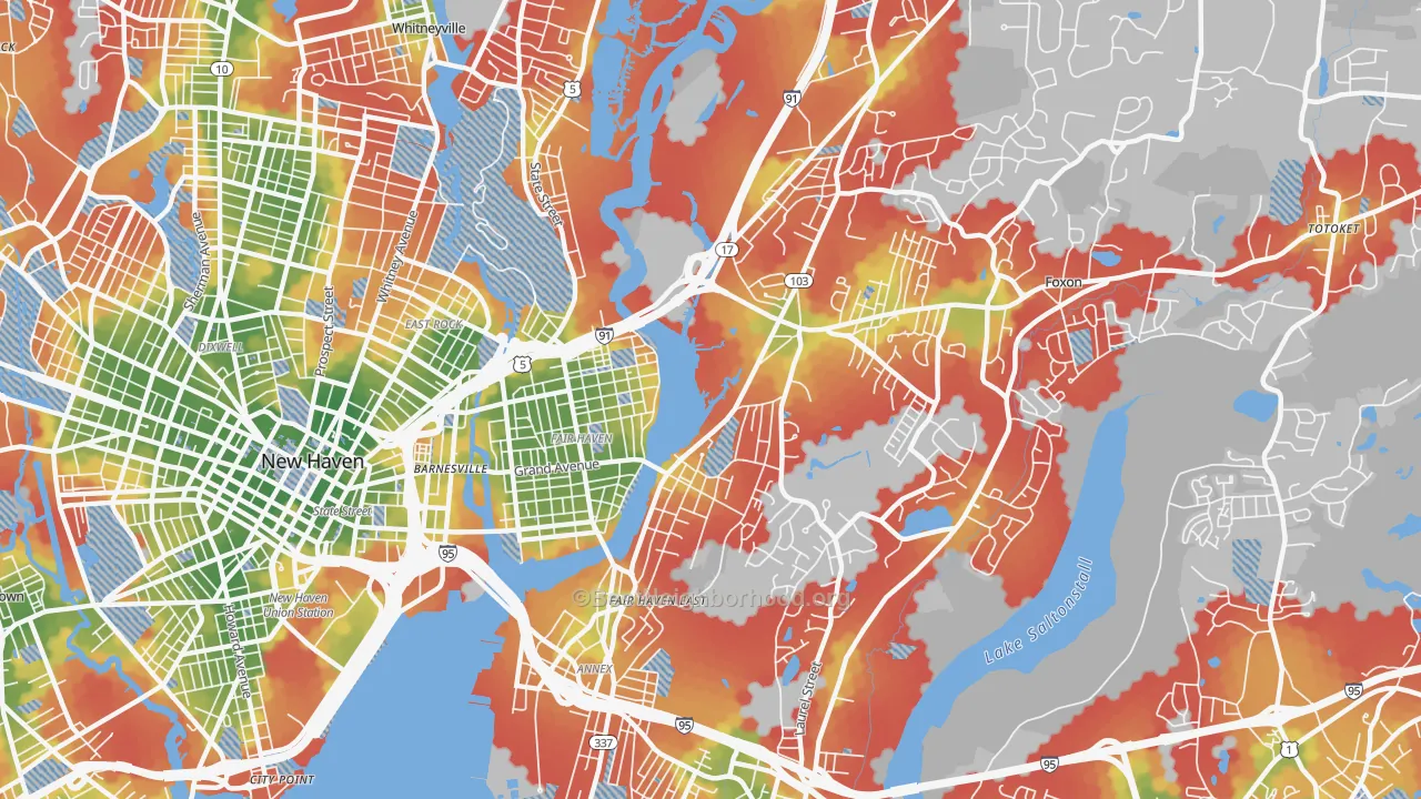 Walk Grade map of 06513, CT, walkable areas in green and car-dependent areas in red