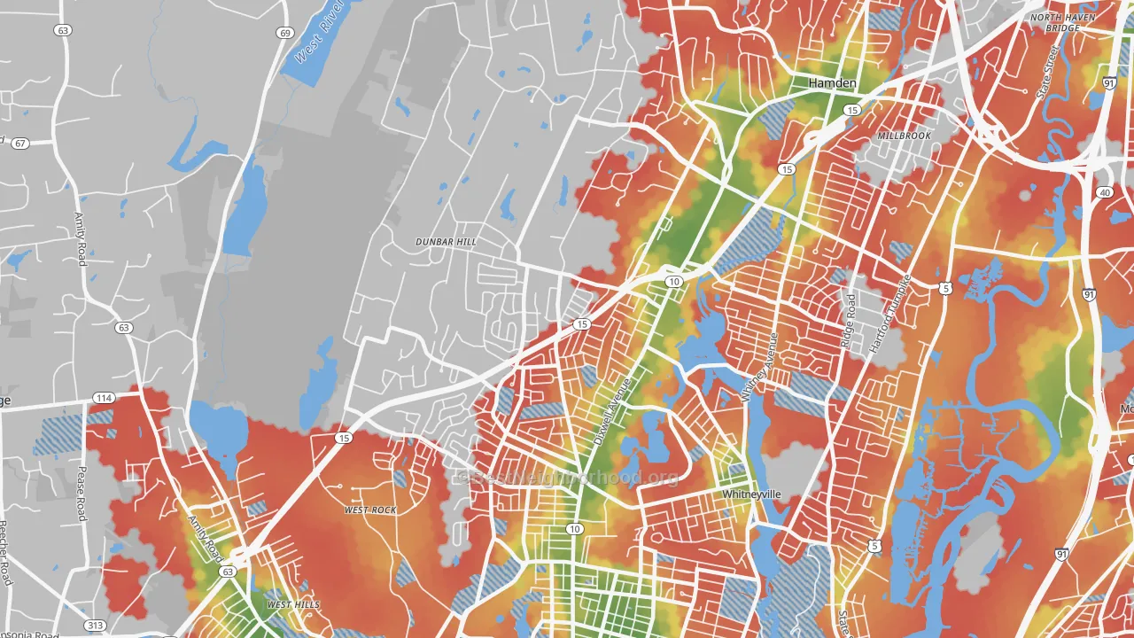 Walk Grade map of 06514, CT, walkable areas in green and car-dependent areas in red
