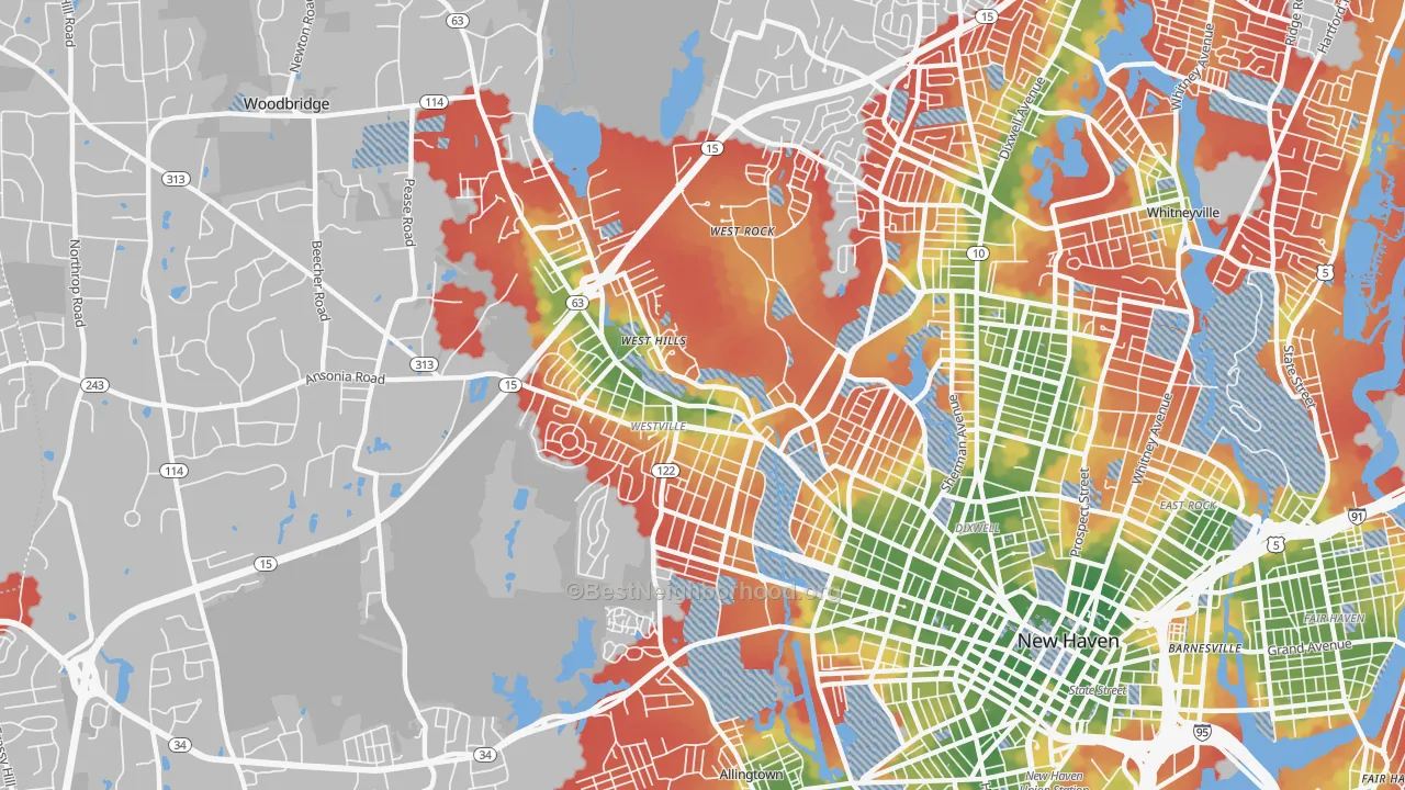 Walk Grade map of 06515, CT, walkable areas in green and car-dependent areas in red