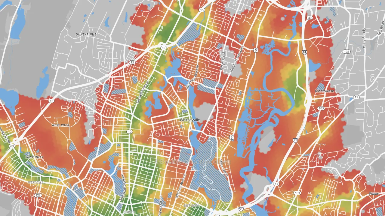Walk Grade map of 06517, CT, walkable areas in green and car-dependent areas in red