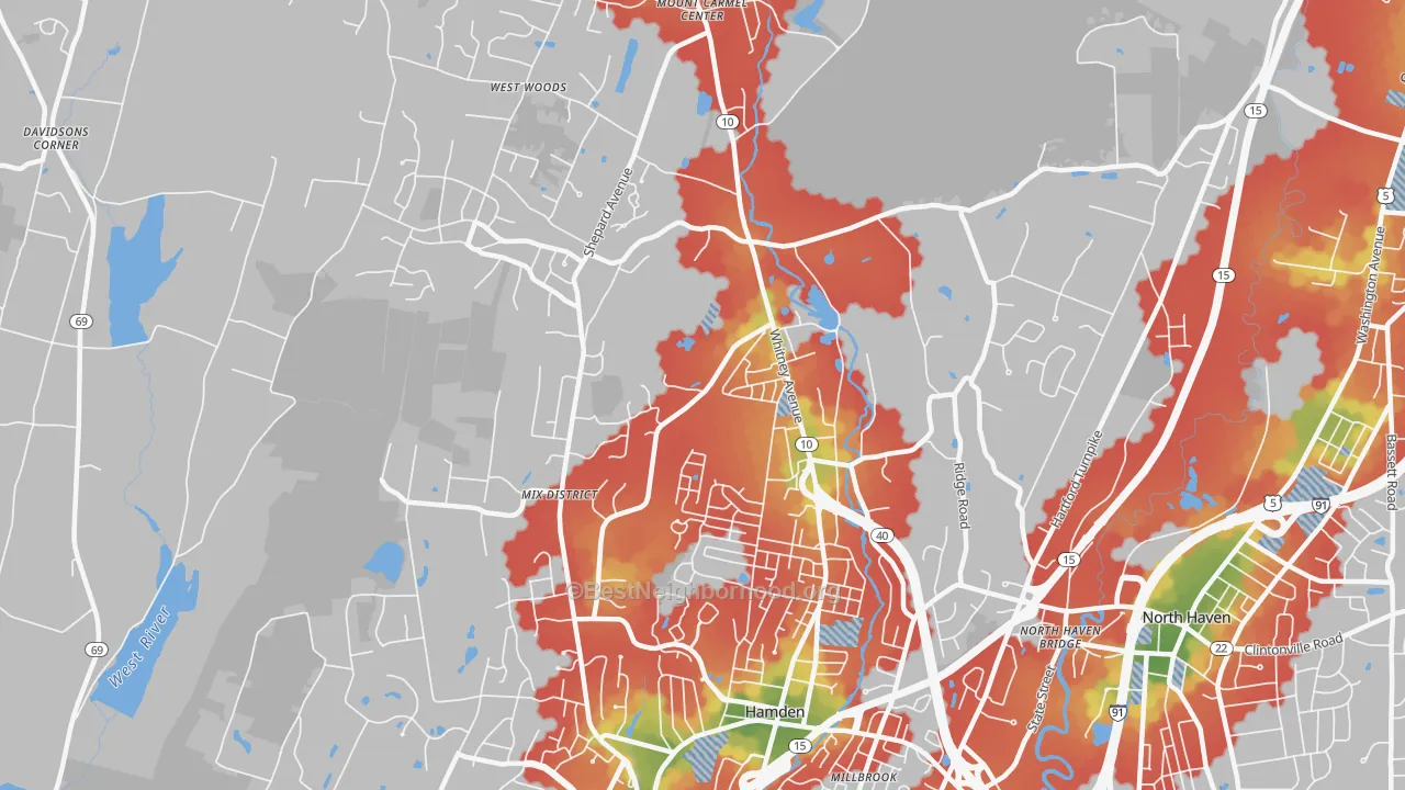 Walk Grade map of 06518, CT, walkable areas in green and car-dependent areas in red