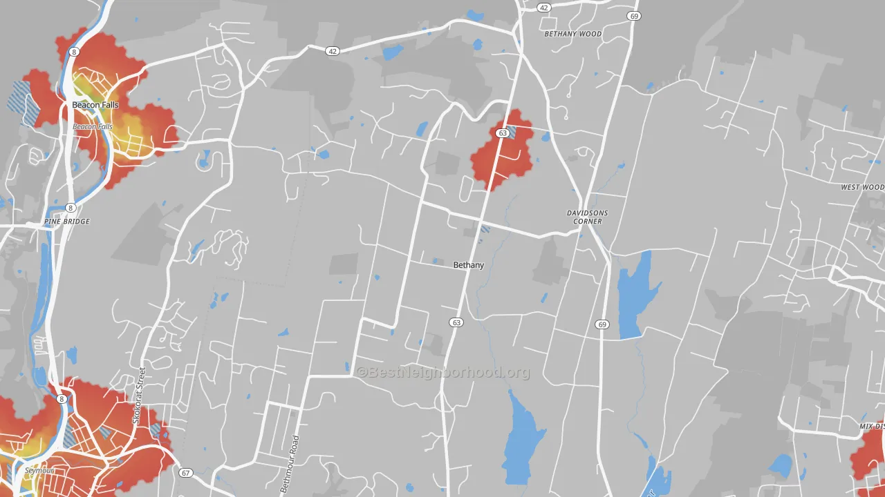 Walk Grade map of 06524, CT, walkable areas in green and car-dependent areas in red