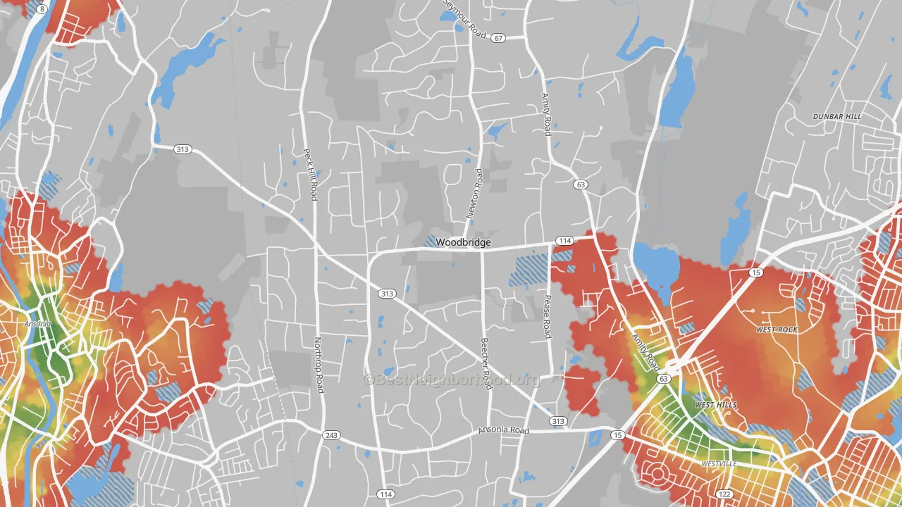 Walk Grade map of 06525, CT, walkable areas in green and car-dependent areas in red