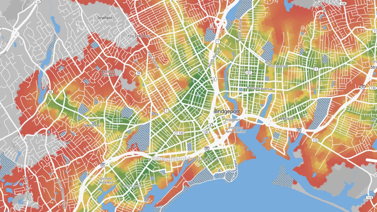 Walk Grade map of 06604, CT, walkable areas in green and car-dependent areas in red