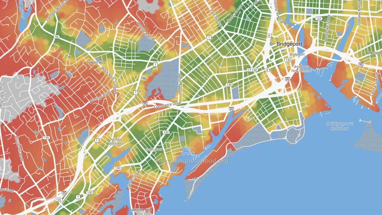 Walk Grade map of 06605, CT, walkable areas in green and car-dependent areas in red
