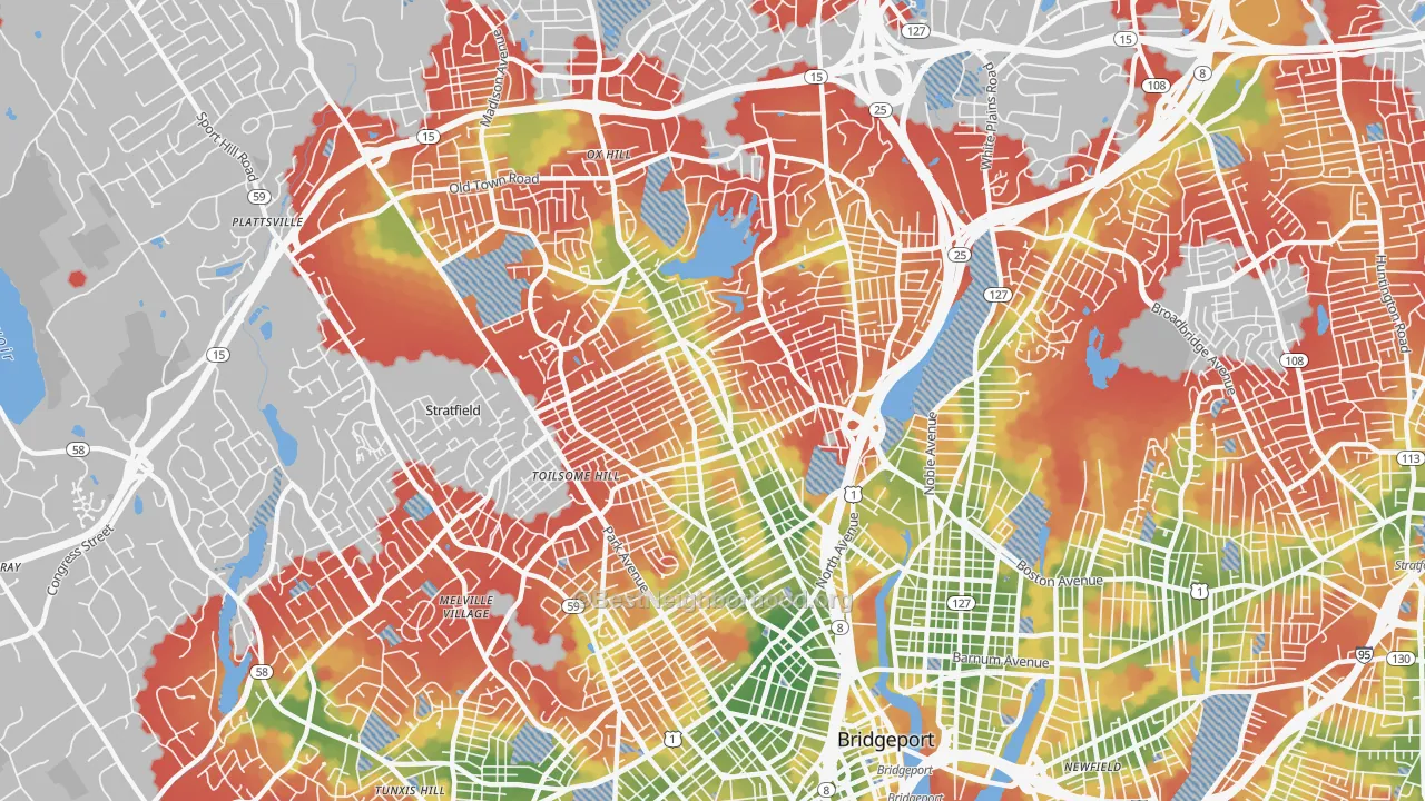 Walk Grade map of 06606, CT, walkable areas in green and car-dependent areas in red