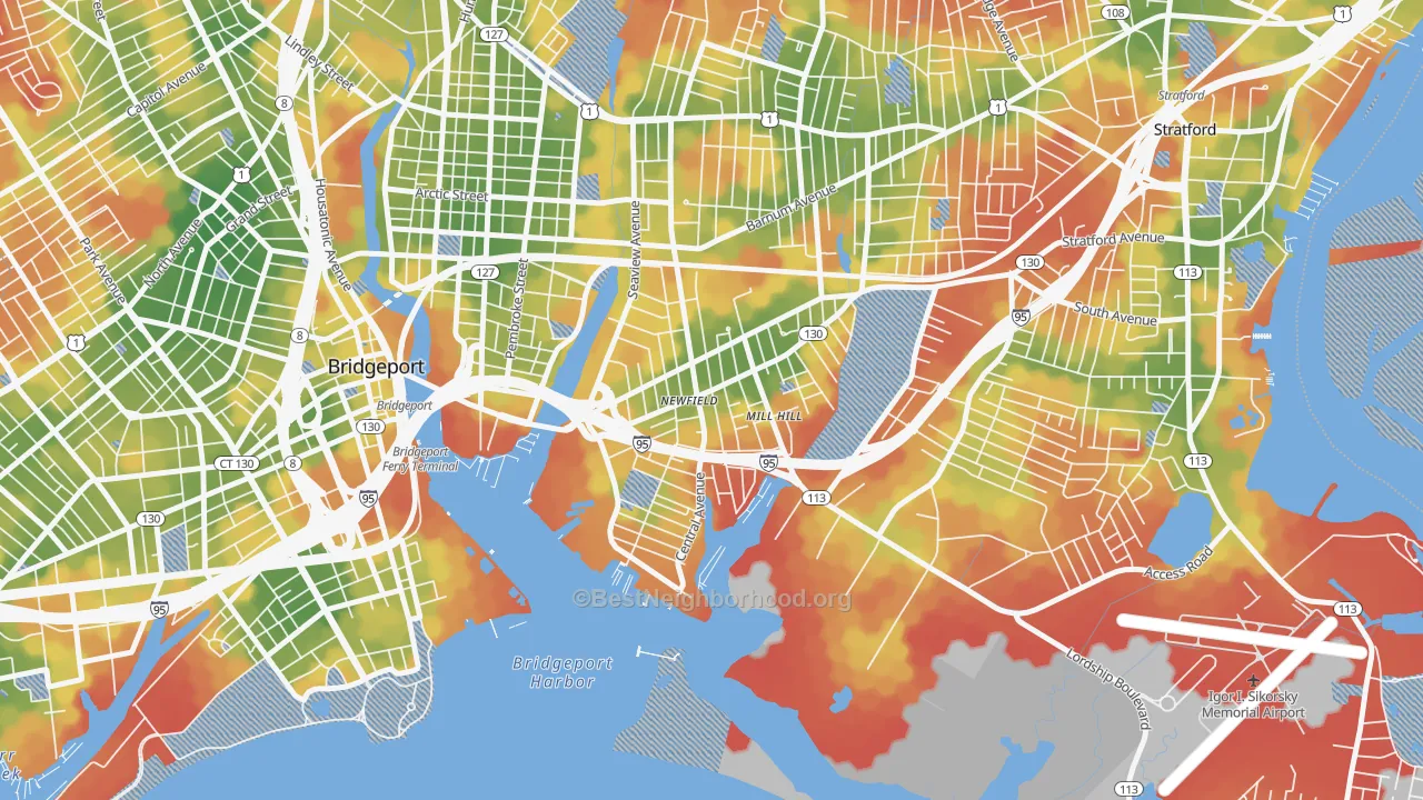 Walk Grade map of 06607, CT, walkable areas in green and car-dependent areas in red