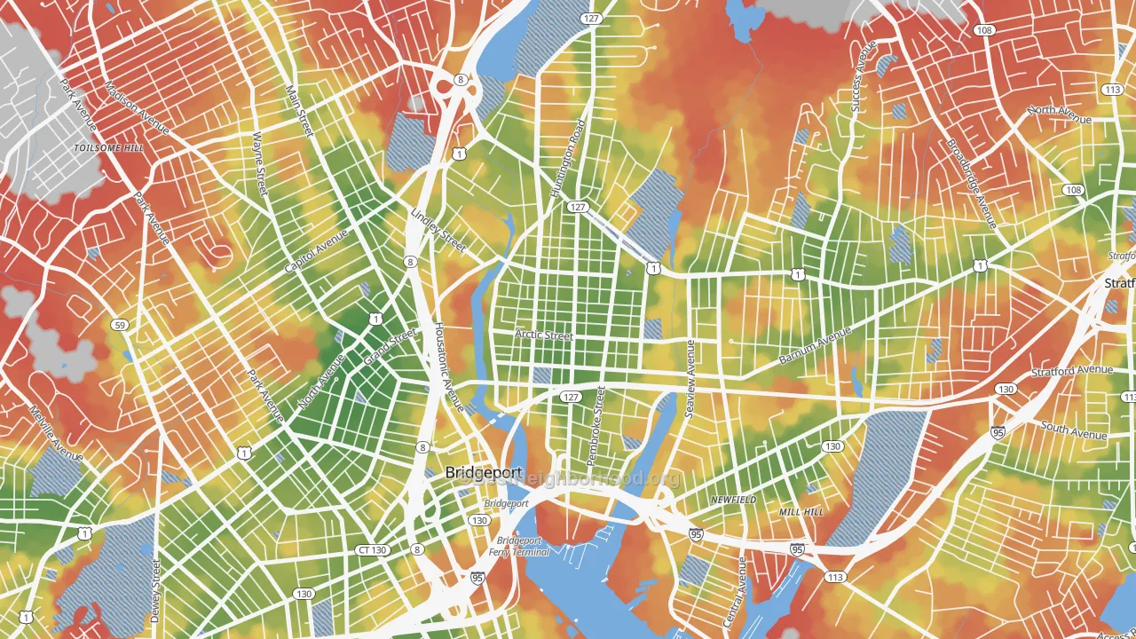 Walk Grade map of 06608, CT, walkable areas in green and car-dependent areas in red