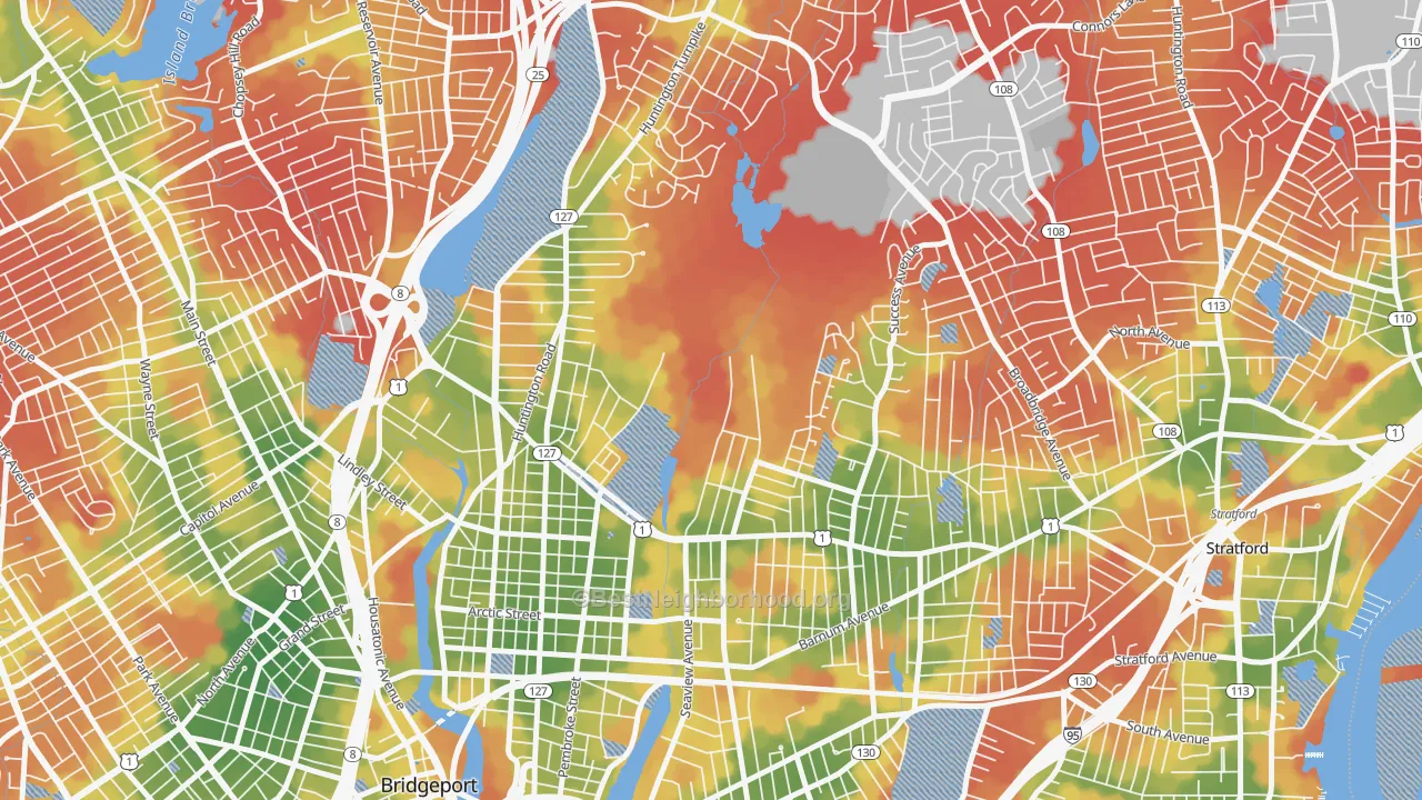 Walk Grade map of 06610, CT, walkable areas in green and car-dependent areas in red