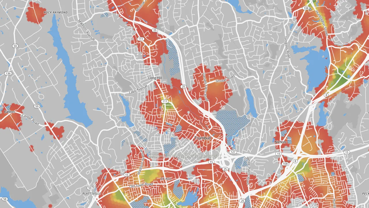 Walk Grade map of 06611, CT, walkable areas in green and car-dependent areas in red