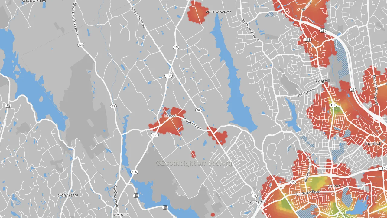 Walk Grade map of 06612, CT, walkable areas in green and car-dependent areas in red