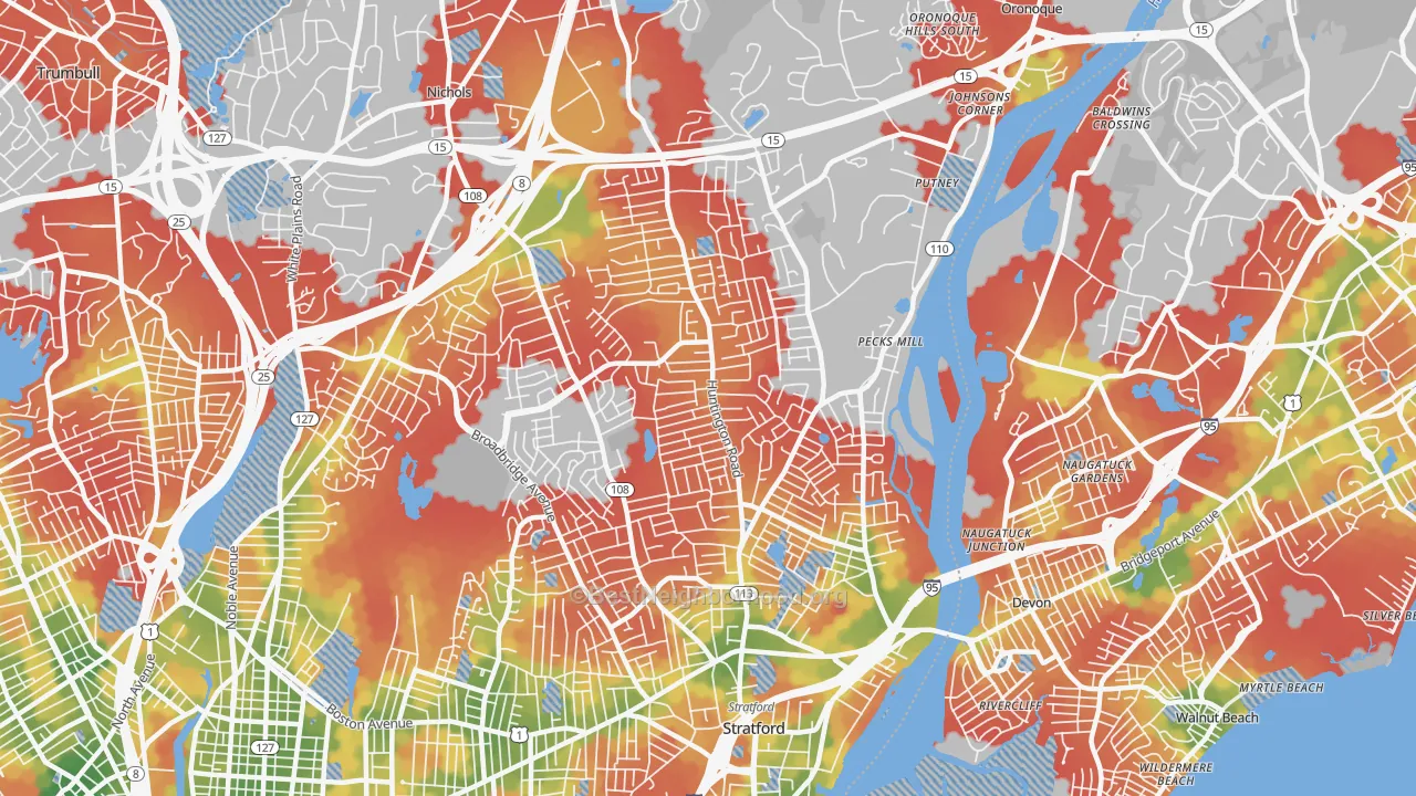 Walk Grade map of 06614, CT, walkable areas in green and car-dependent areas in red