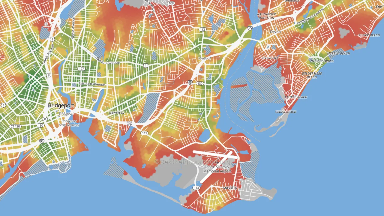 Walk Grade map of 06615, CT, walkable areas in green and car-dependent areas in red