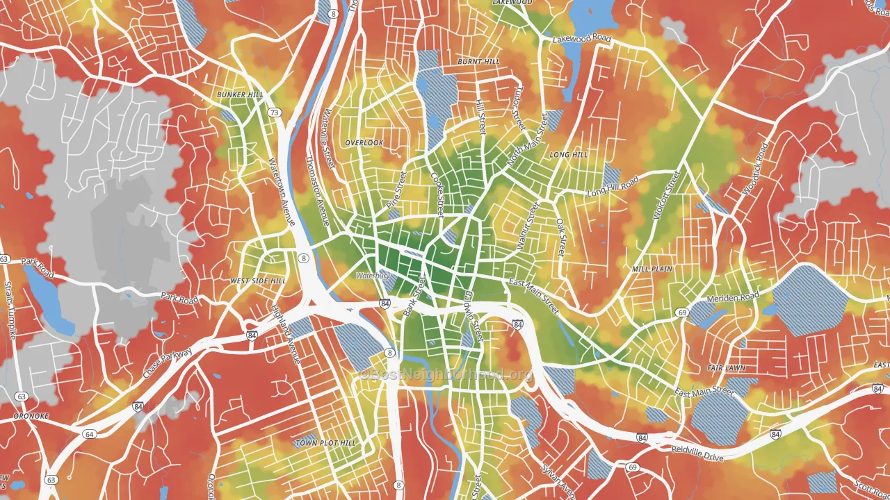 Walk Grade map of 06702, CT, walkable areas in green and car-dependent areas in red