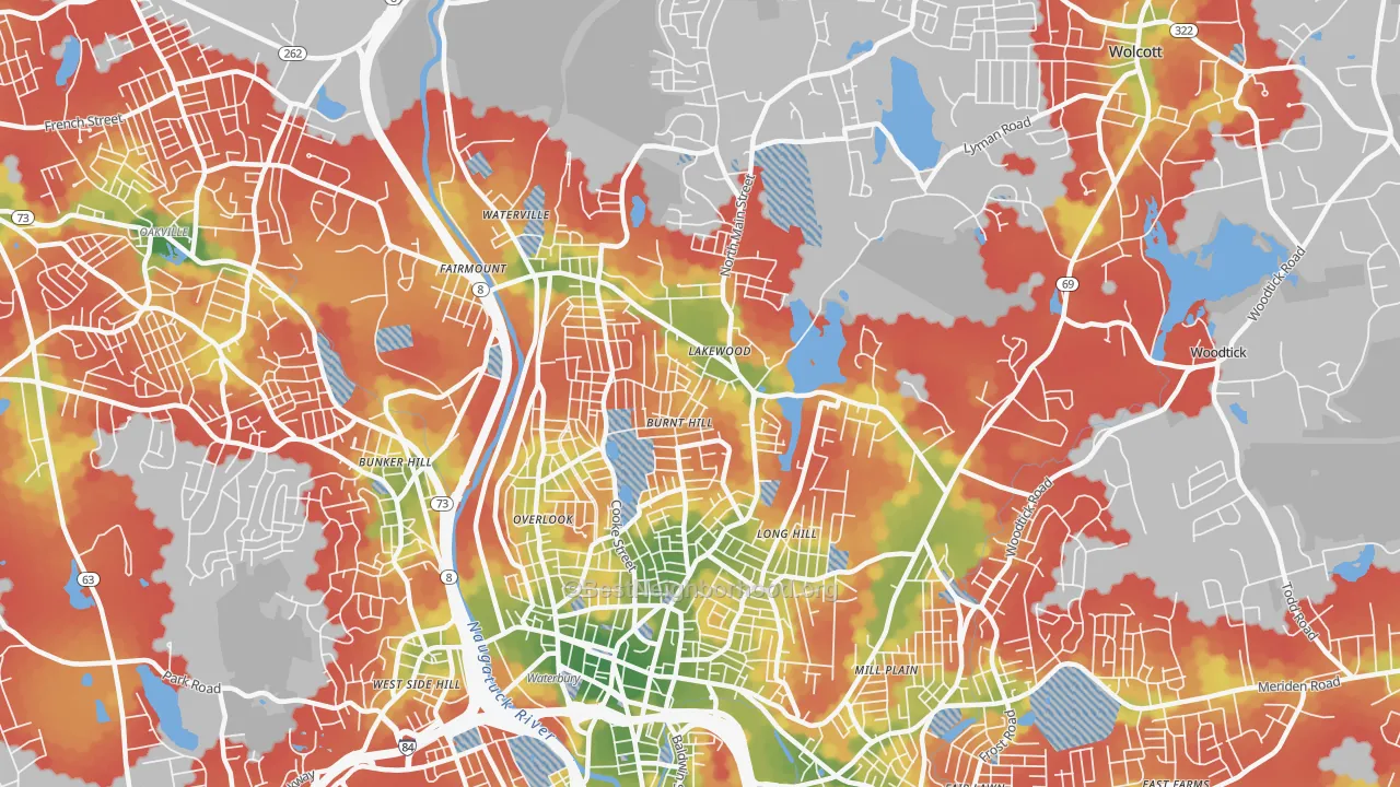 Walk Grade map of 06704, CT, walkable areas in green and car-dependent areas in red