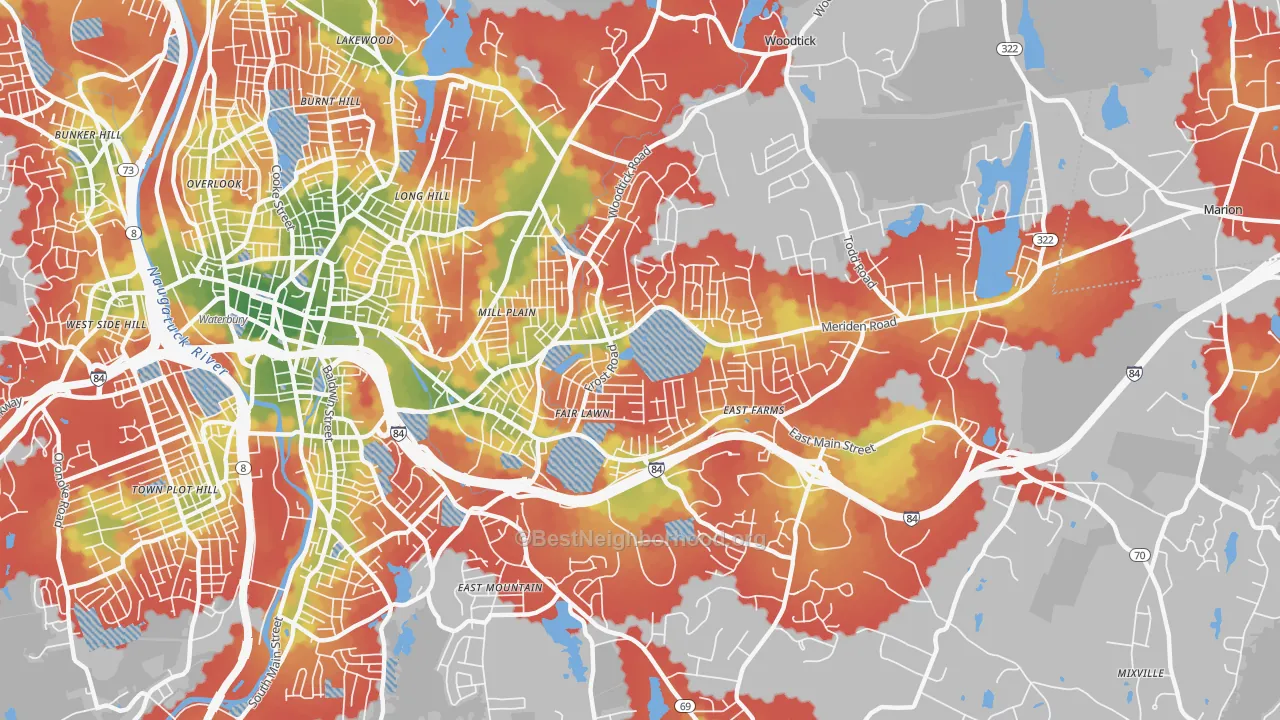 Walk Grade map of 06705, CT, walkable areas in green and car-dependent areas in red