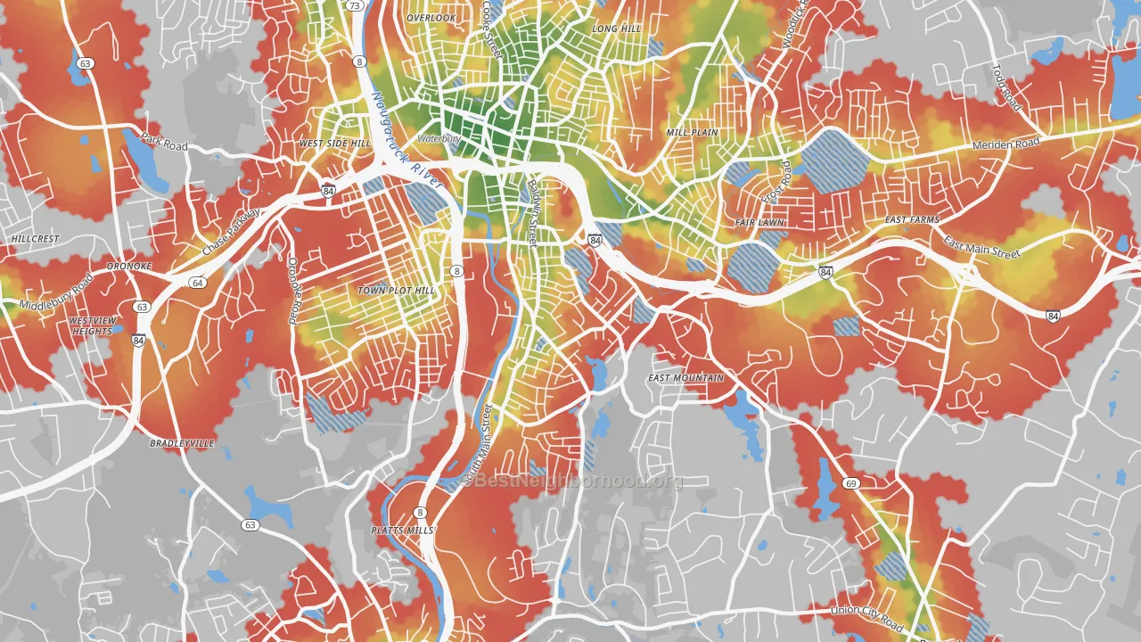 Walk Grade map of 06706, CT, walkable areas in green and car-dependent areas in red