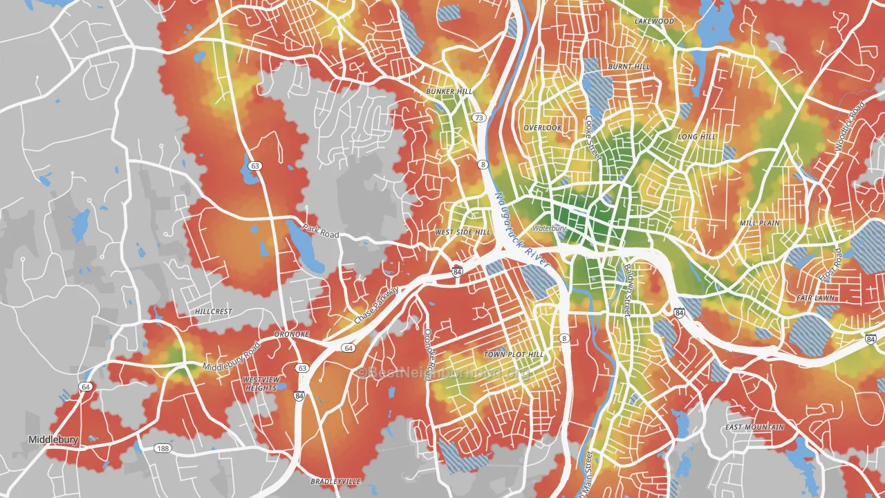 Walk Grade map of 06708, CT, walkable areas in green and car-dependent areas in red