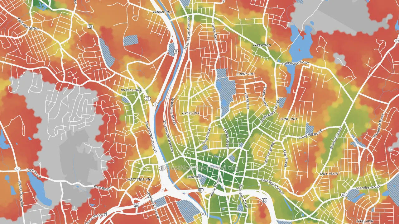 Walk Grade map of 06710, CT, walkable areas in green and car-dependent areas in red