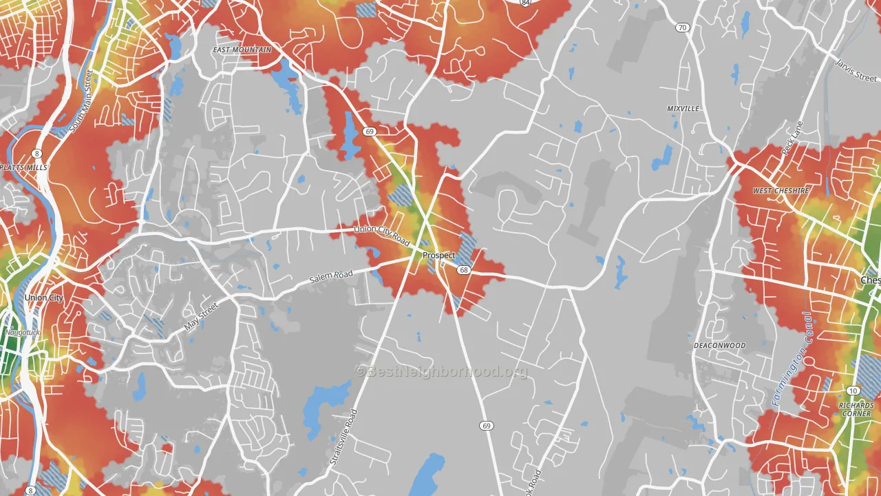 Walk Grade map of 06712, CT, walkable areas in green and car-dependent areas in red