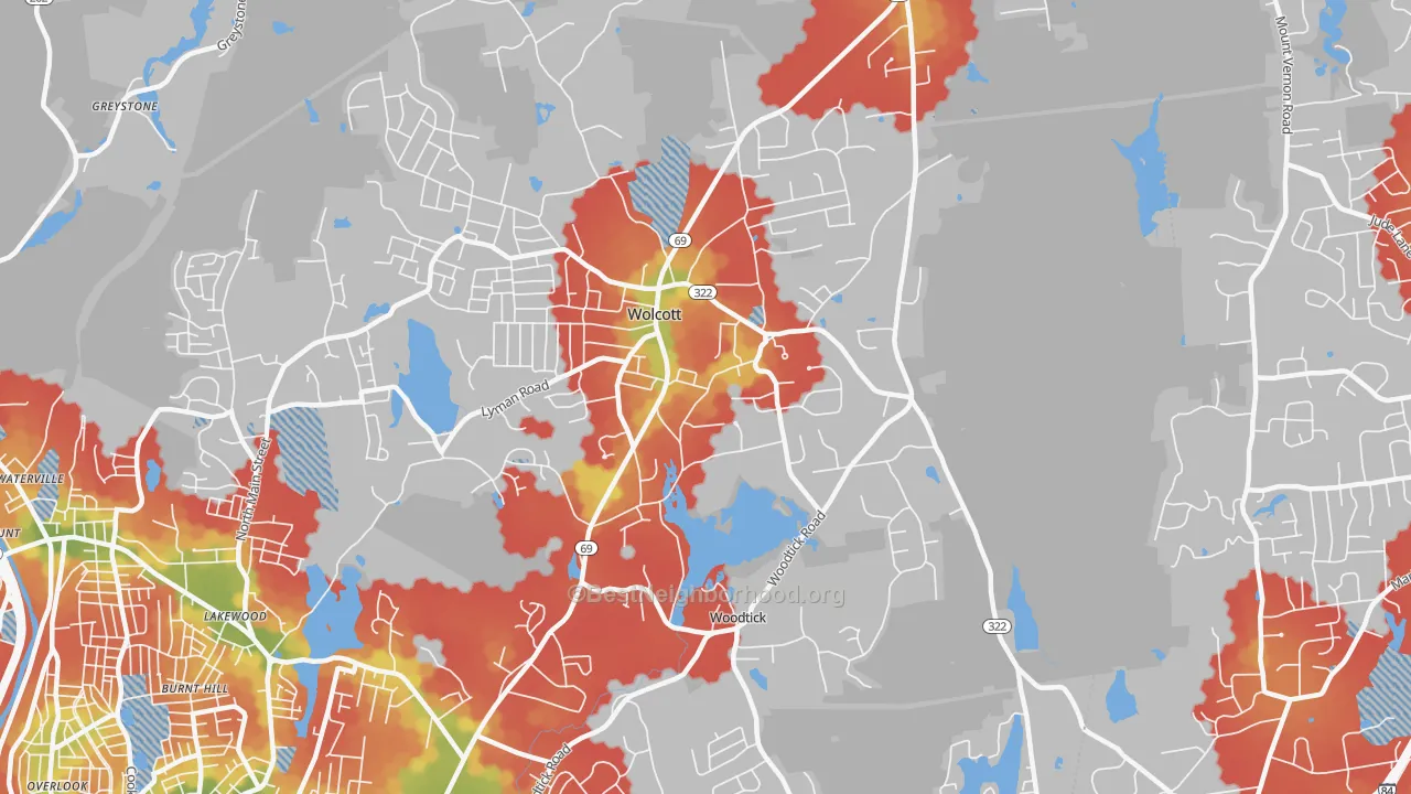 Walk Grade map of 06716, CT, walkable areas in green and car-dependent areas in red