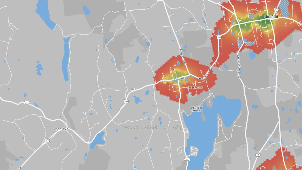 Walk Grade map of 06750, CT, walkable areas in green and car-dependent areas in red