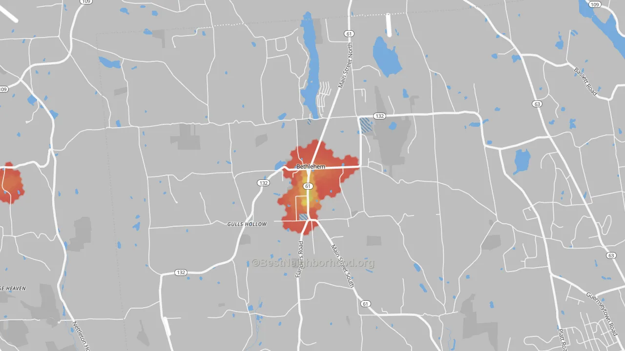 Walk Grade map of 06751, CT, walkable areas in green and car-dependent areas in red