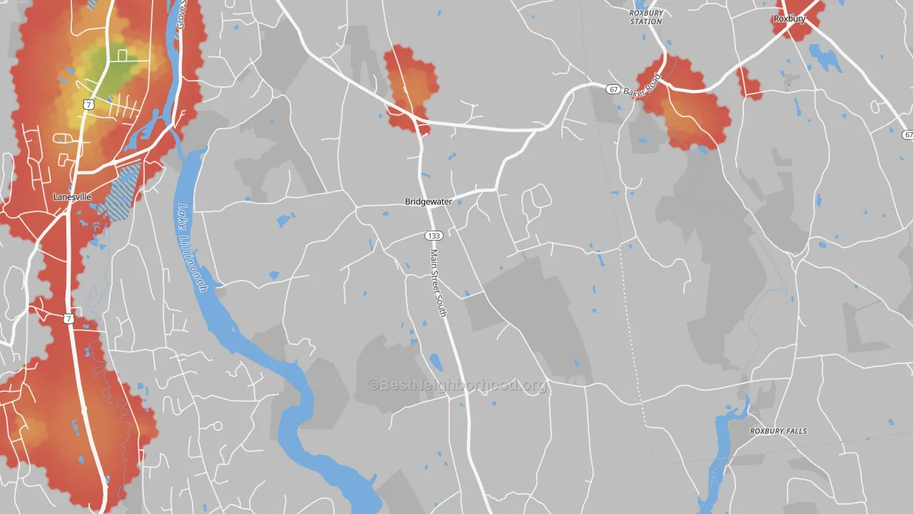 Walk Grade map of 06752, CT, walkable areas in green and car-dependent areas in red