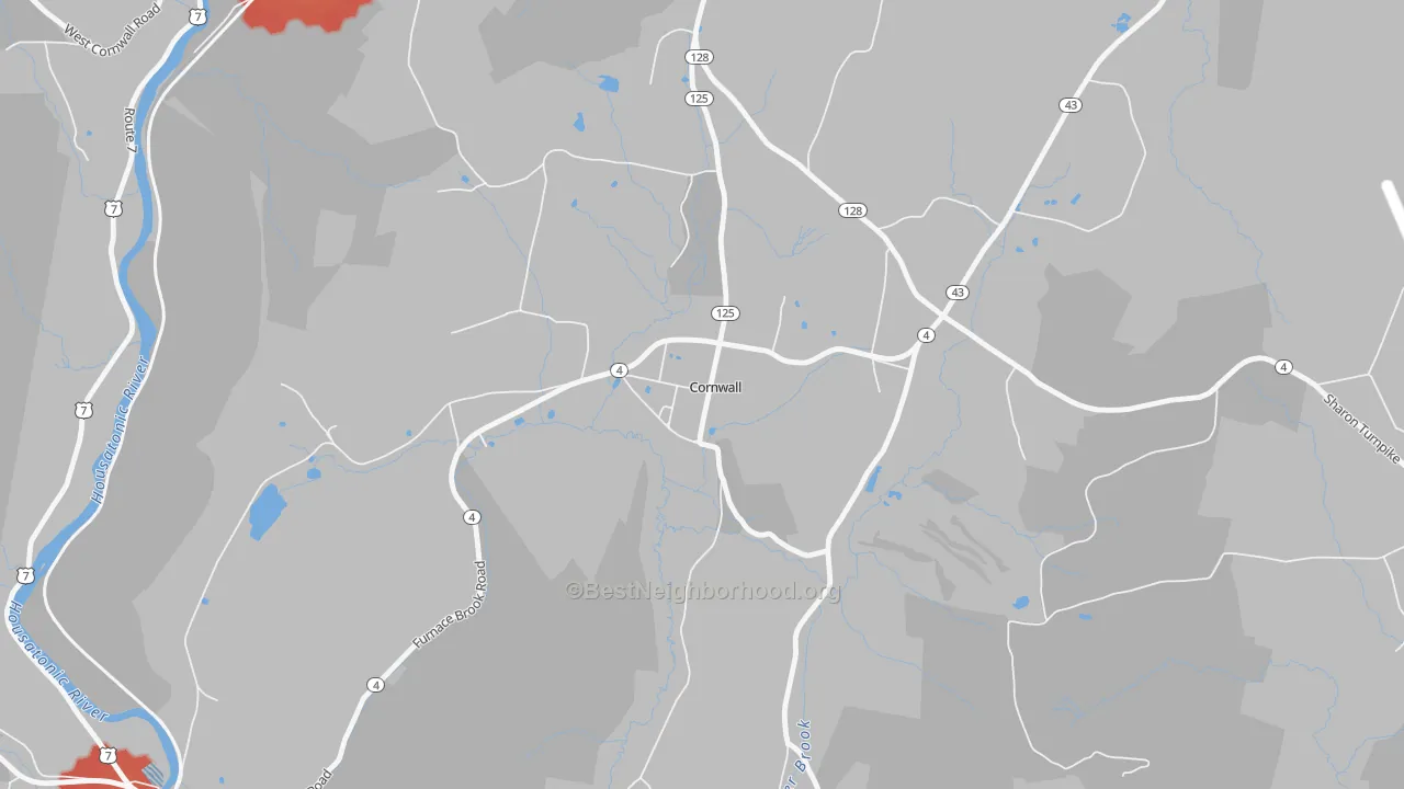 Walk Grade map of 06753, CT, walkable areas in green and car-dependent areas in red