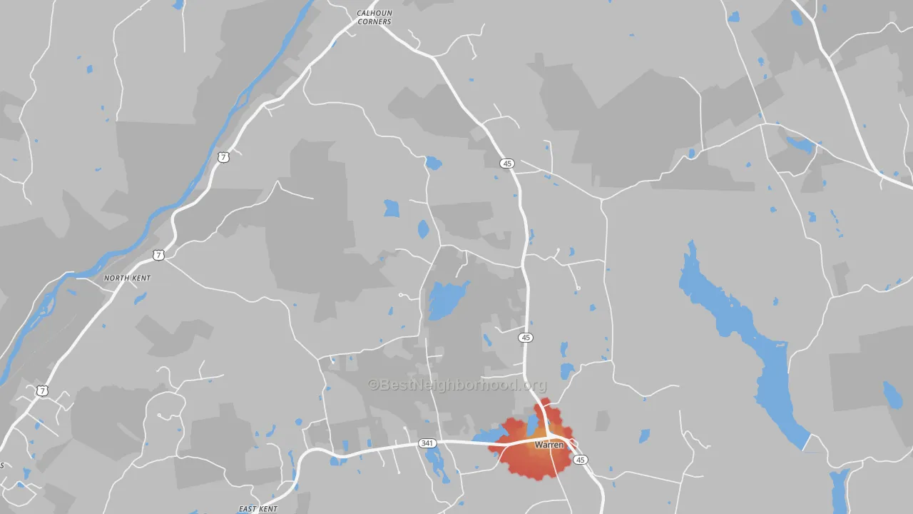 Walk Grade map of 06754, CT, walkable areas in green and car-dependent areas in red