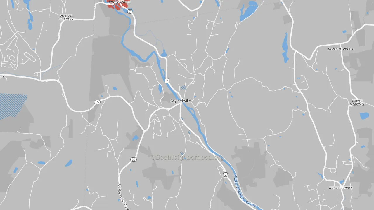 Walk Grade map of 06755, CT, walkable areas in green and car-dependent areas in red