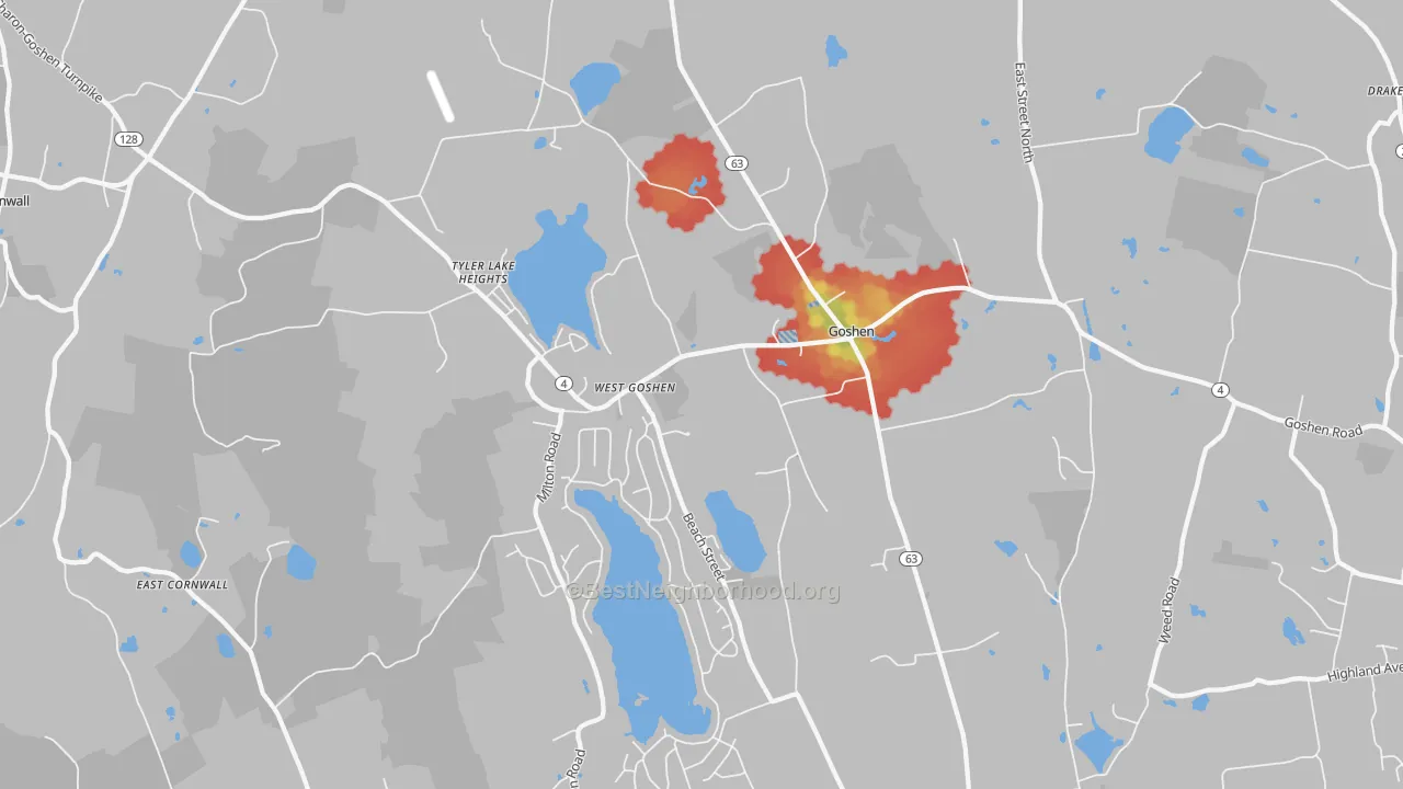 Walk Grade map of 06756, CT, walkable areas in green and car-dependent areas in red