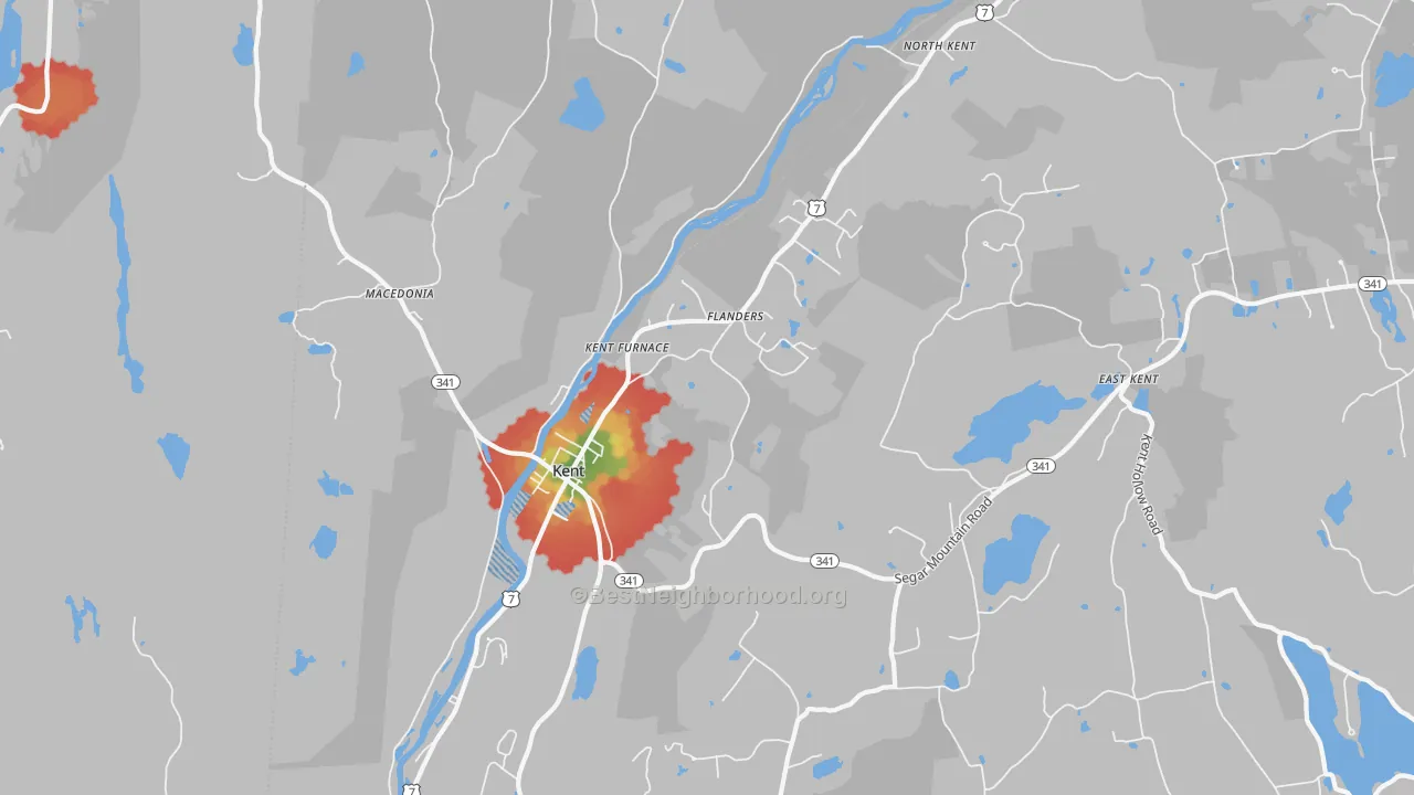 Walk Grade map of 06757, CT, walkable areas in green and car-dependent areas in red