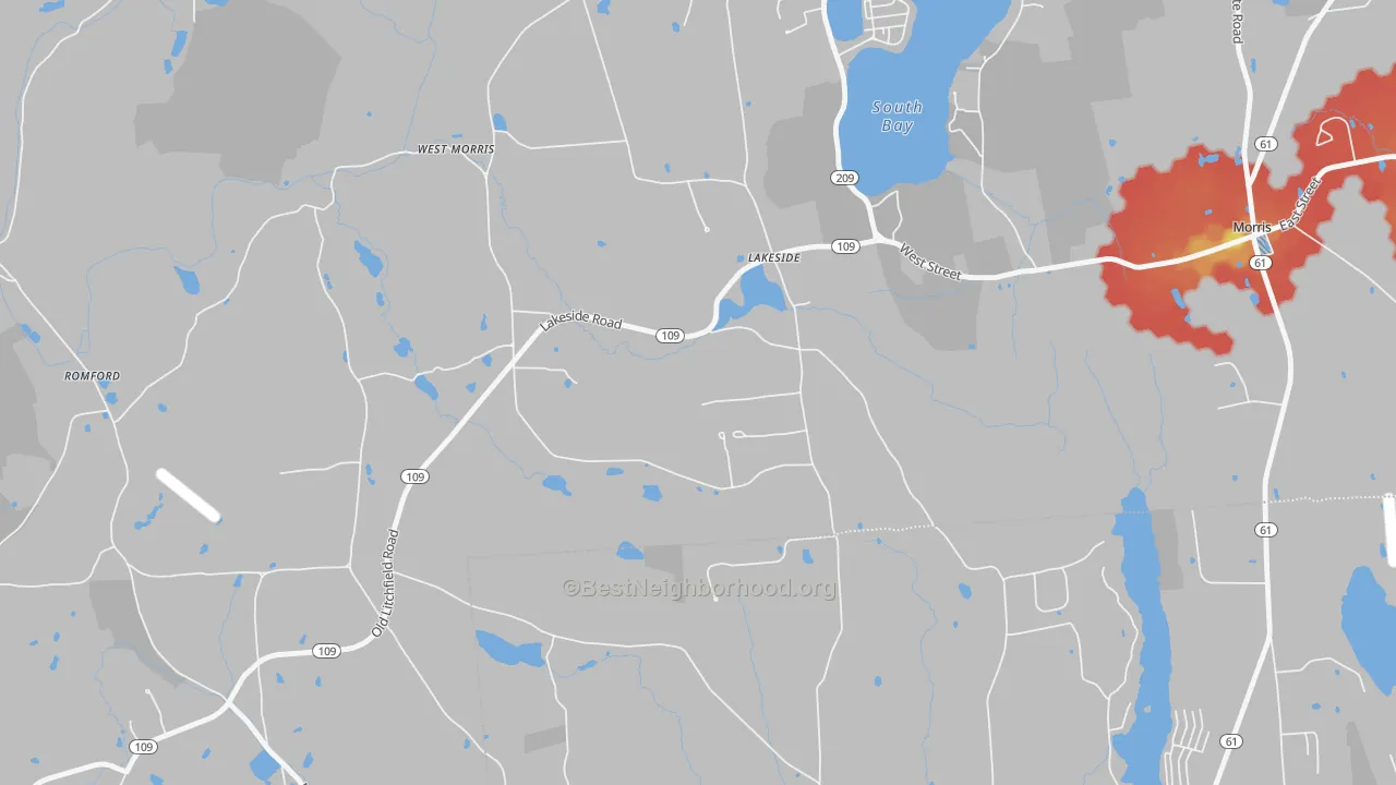 Walk Grade map of 06758, CT, walkable areas in green and car-dependent areas in red