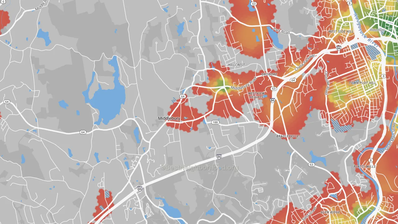 Walk Grade map of 06762, CT, walkable areas in green and car-dependent areas in red