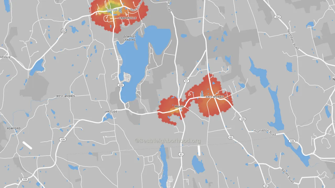 Walk Grade map of 06763, CT, walkable areas in green and car-dependent areas in red