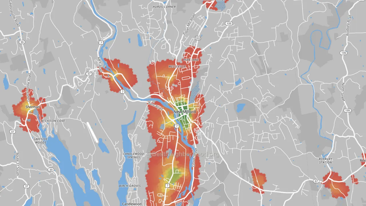 Walk Grade map of 06776, CT, walkable areas in green and car-dependent areas in red