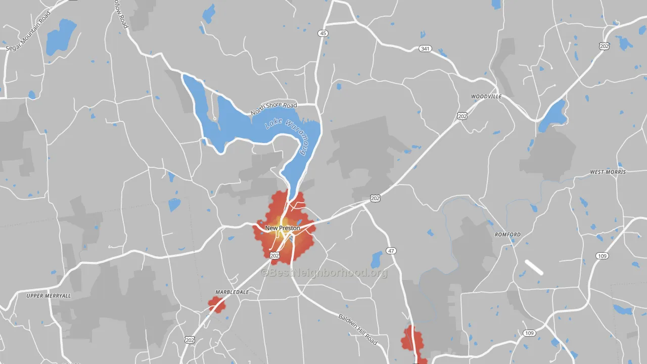 Walk Grade map of 06777, CT, walkable areas in green and car-dependent areas in red