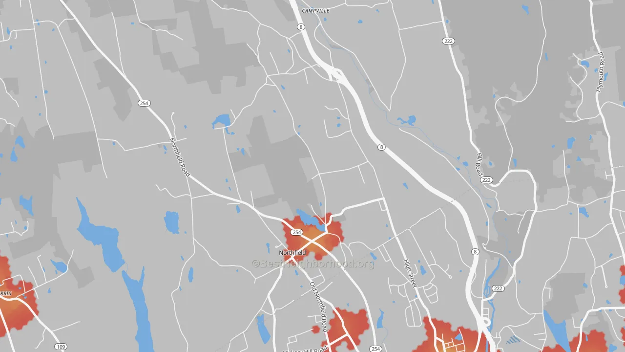 Walk Grade map of 06778, CT, walkable areas in green and car-dependent areas in red
