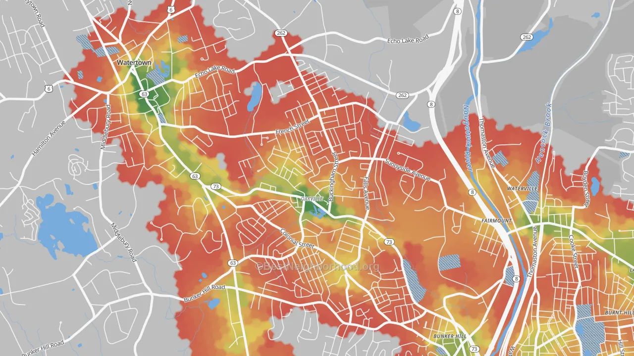 Walk Grade map of 06779, CT, walkable areas in green and car-dependent areas in red