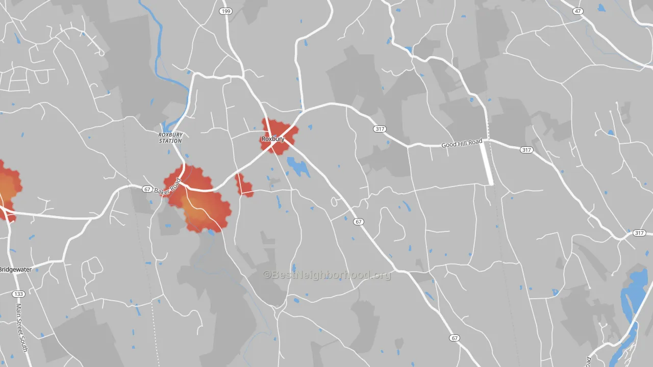 Walk Grade map of 06783, CT, walkable areas in green and car-dependent areas in red
