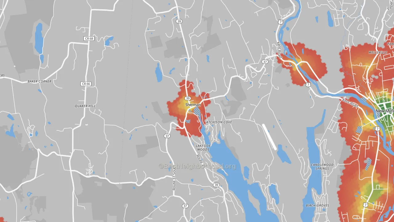 Walk Grade map of 06784, CT, walkable areas in green and car-dependent areas in red
