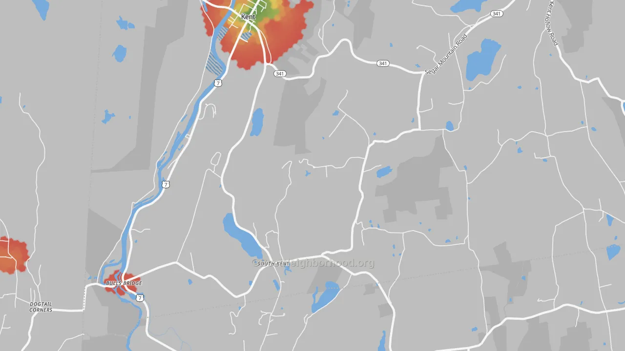 Walk Grade map of 06785, CT, walkable areas in green and car-dependent areas in red