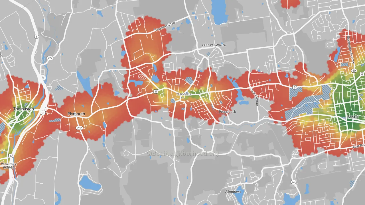 Walk Grade map of 06786, CT, walkable areas in green and car-dependent areas in red
