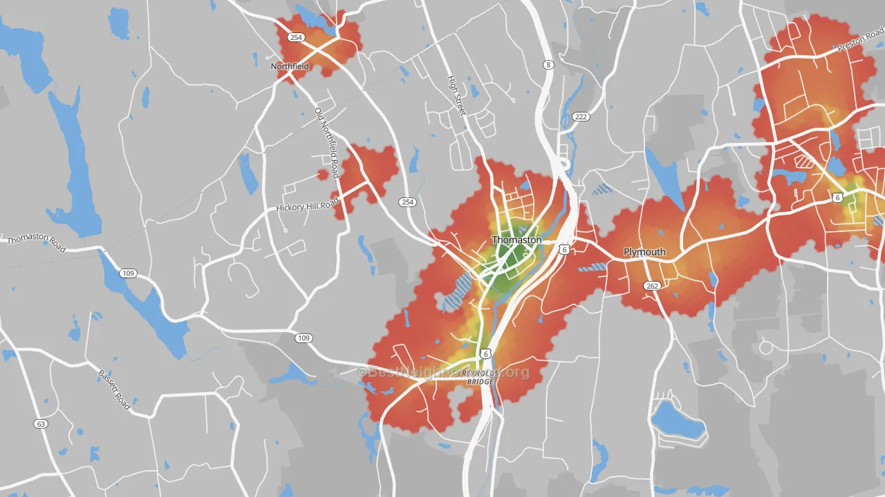 Walk Grade map of 06787, CT, walkable areas in green and car-dependent areas in red