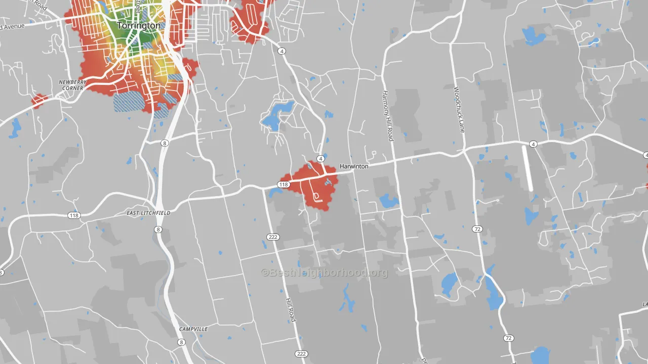 Walk Grade map of 06791, CT, walkable areas in green and car-dependent areas in red