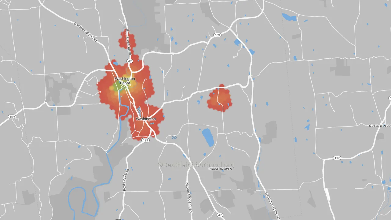Walk Grade map of 06793, CT, walkable areas in green and car-dependent areas in red