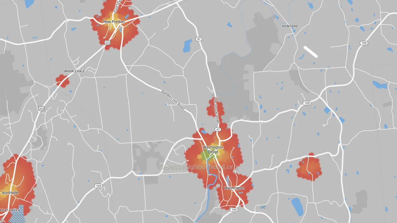 Walk Grade map of 06794, CT, walkable areas in green and car-dependent areas in red