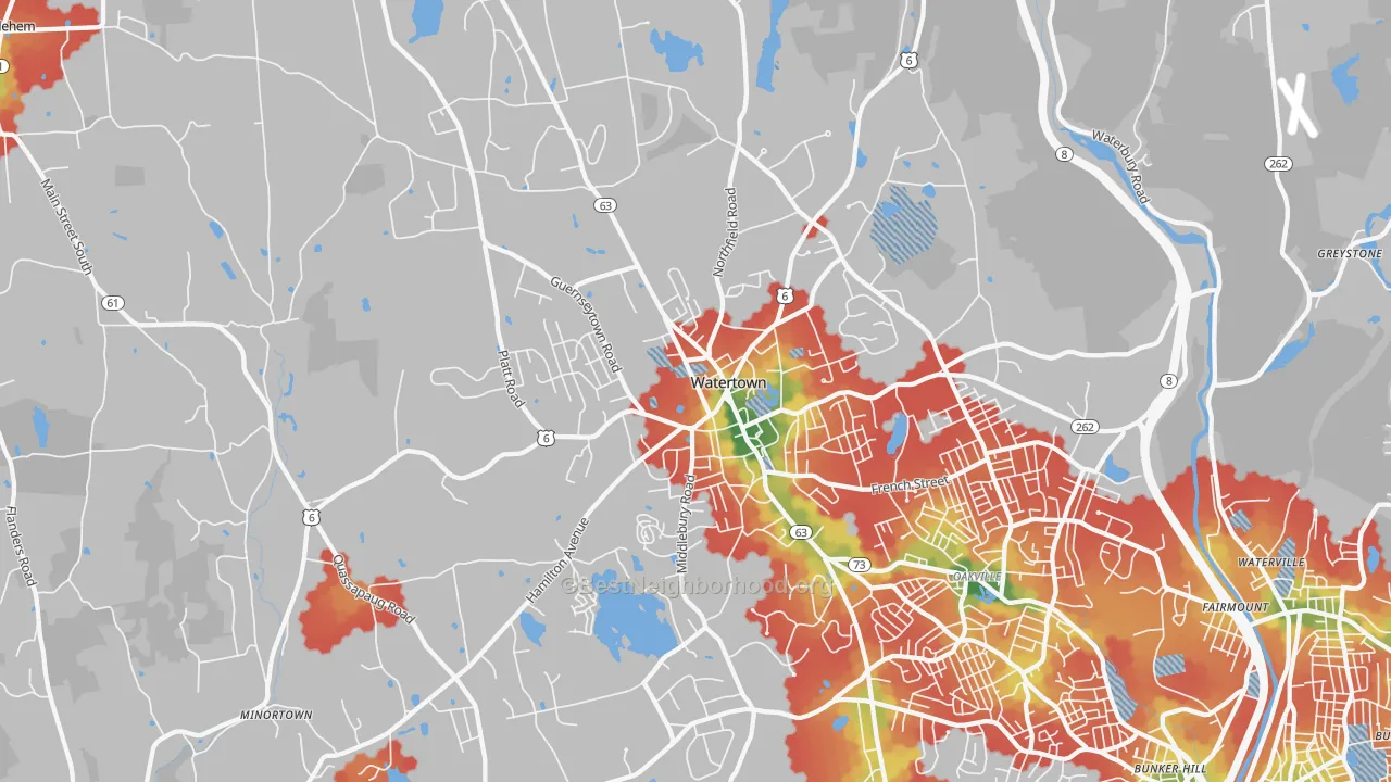 Walk Grade map of 06795, CT, walkable areas in green and car-dependent areas in red