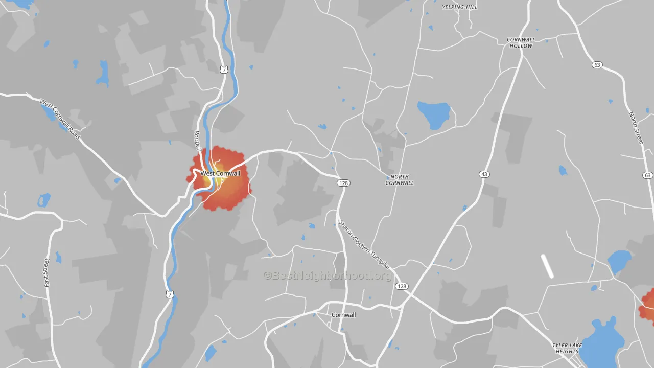 Walk Grade map of 06796, CT, walkable areas in green and car-dependent areas in red